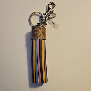 Coach Striped Leather Tassel Keychain Signature Canvas.4 3/4" Long New With Tags